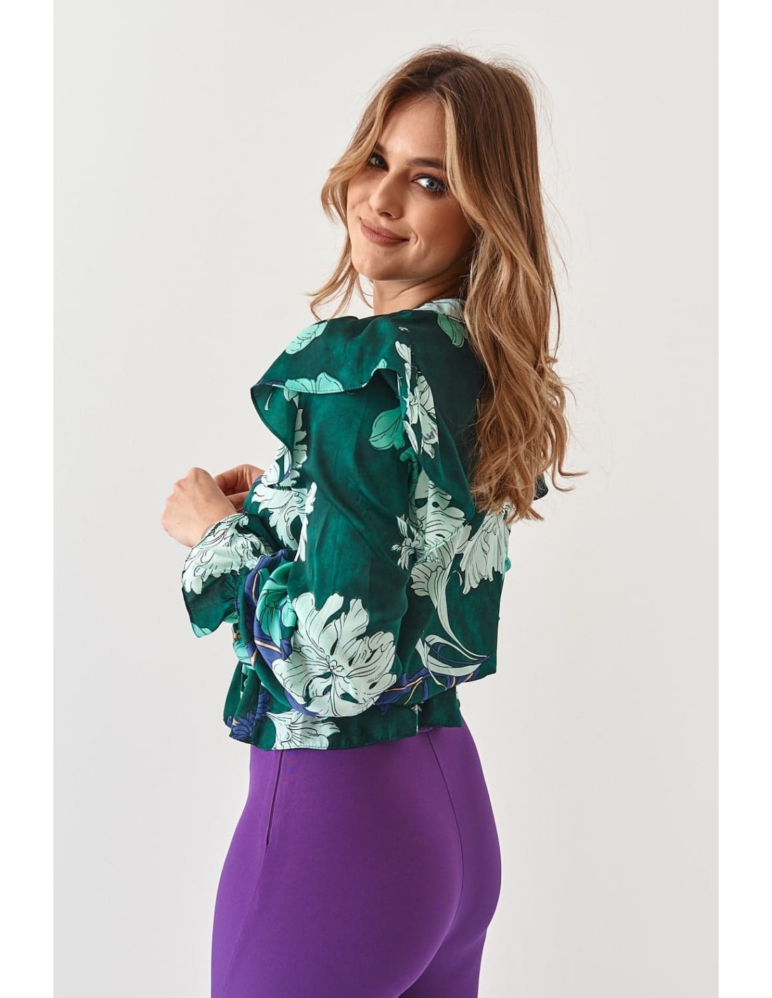 Bluza plic casual cu motive vegetale, verde inchis 20250 - Magazin online - Boutique